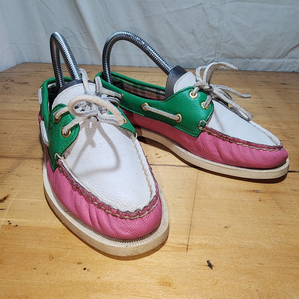 SPERRY sz 6.5 pink green leather boat shoes